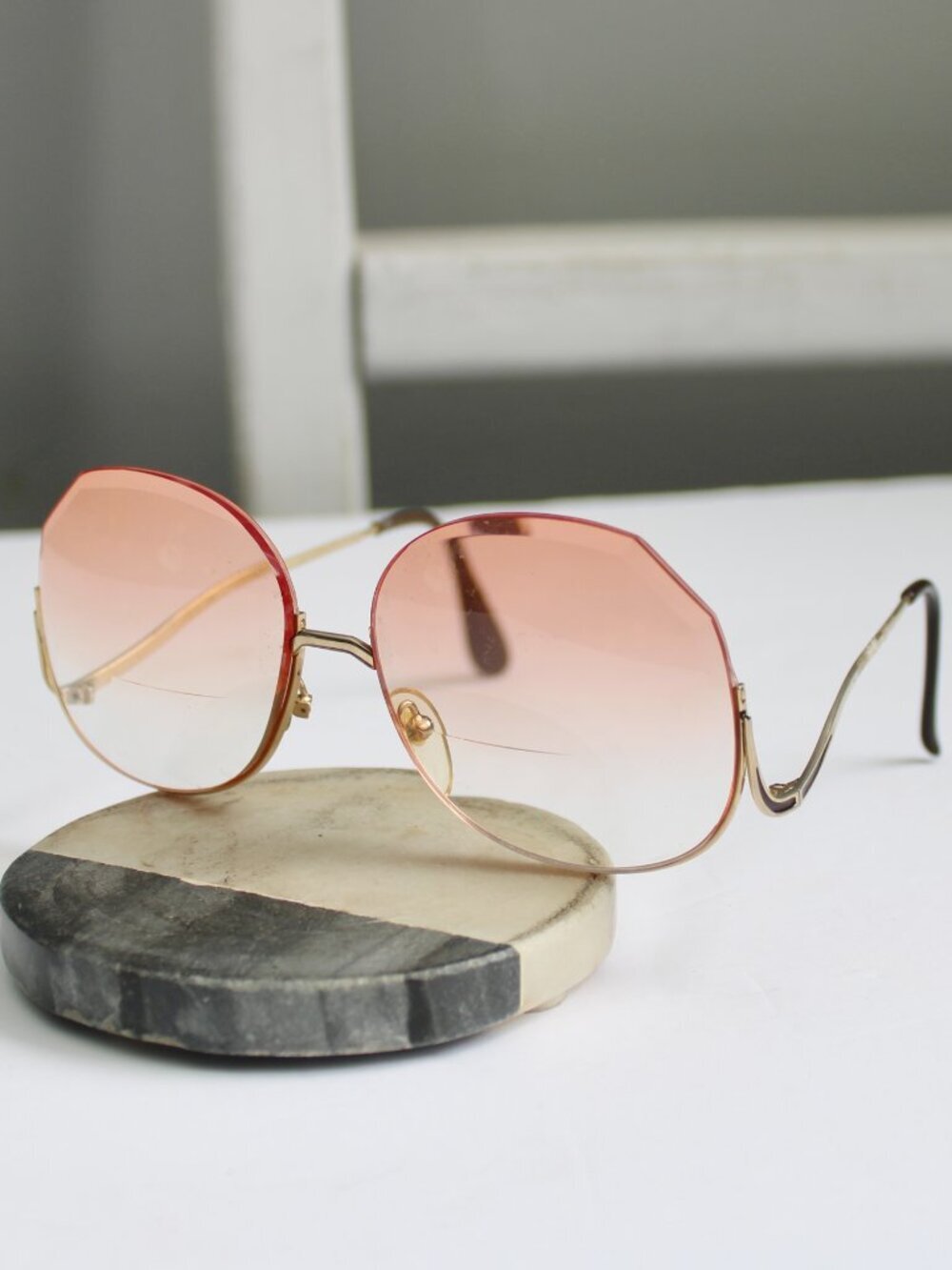Symphony VTG 70s 80s Bifocal Half Rim Gold Wave Legs Pink Lenses Eye Glasses